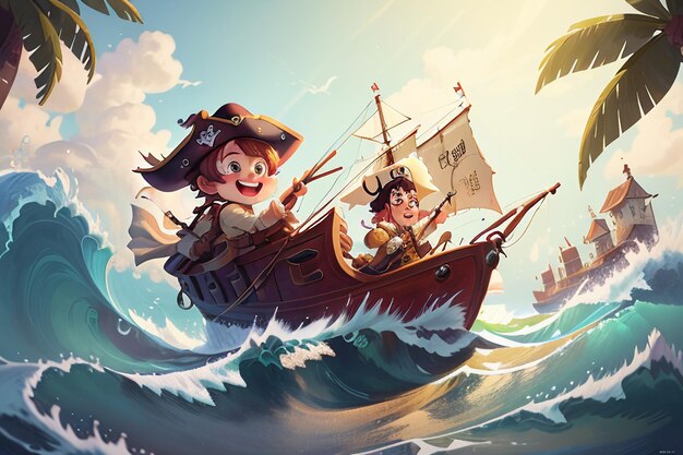 Cartoon anime character image pirate boy sailing on huge waves wallpaper background illustration