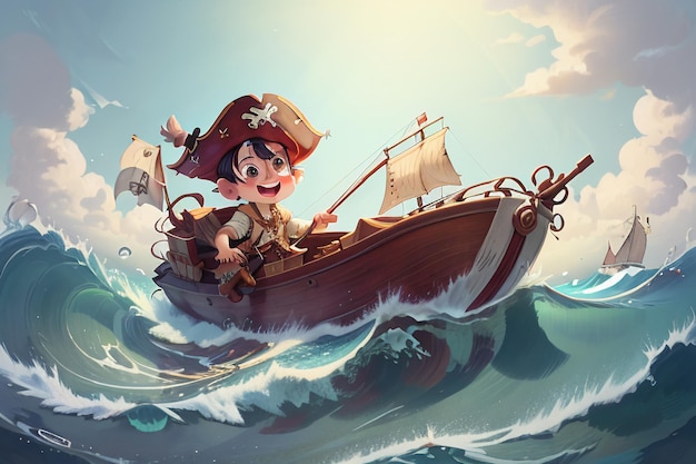 Cartoon anime character image pirate boy sailing on huge waves wallpaper background illustration