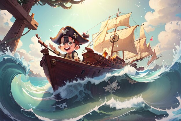 Cartoon anime character image pirate boy sailing on huge waves wallpaper background illustration