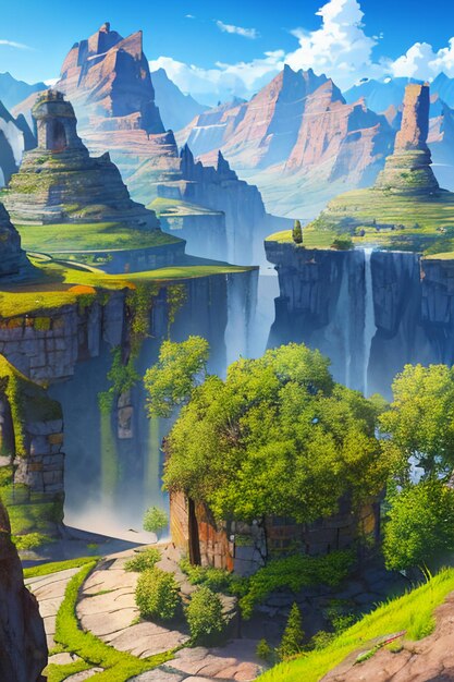 Cartoon anime game scène illustratie landschap wallpaper achtergrond kinderen cartoon stijl