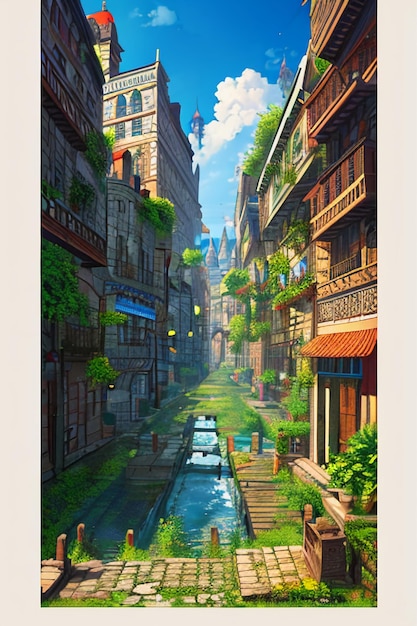 Cartoon anime game scène illustratie landschap wallpaper achtergrond kinderen cartoon stijl