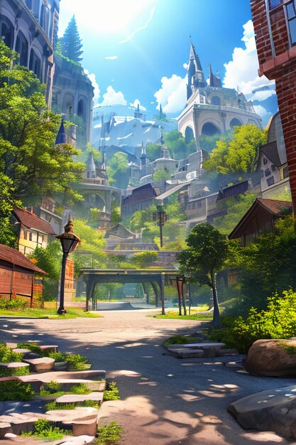 Cartoon anime game scene illustration landscape wallpaper background children cartoon style