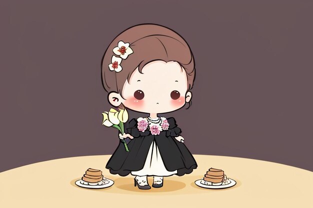 Cartoon anime girl in black dress evening dress with flower barrette in hair drinking drink wine