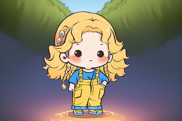 Cartoon anime lang haar grote ogen meisje in overalls eenvoudige achtergrond behang illustratie