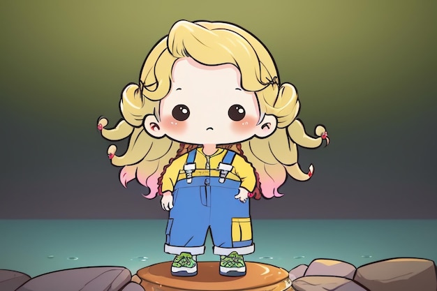 Cartoon anime lang haar grote ogen meisje in overalls eenvoudige achtergrond behang illustratie