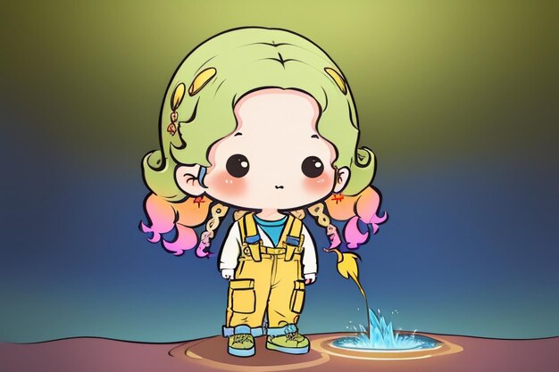 Cartoon anime lang haar grote ogen meisje in overalls eenvoudige achtergrond behang illustratie