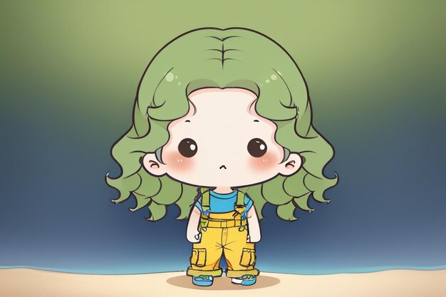 Cartoon anime lang haar grote ogen meisje in overalls eenvoudige achtergrond behang illustratie