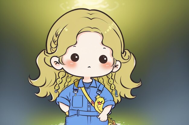 Cartoon anime lang haar grote ogen meisje in overalls eenvoudige achtergrond behang illustratie