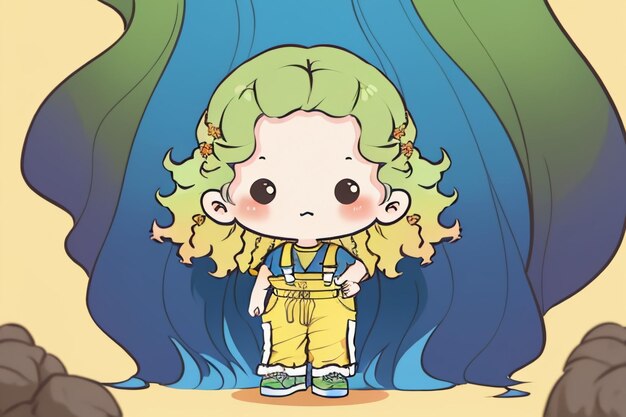 Cartoon anime lang haar grote ogen meisje in overalls eenvoudige achtergrond behang illustratie