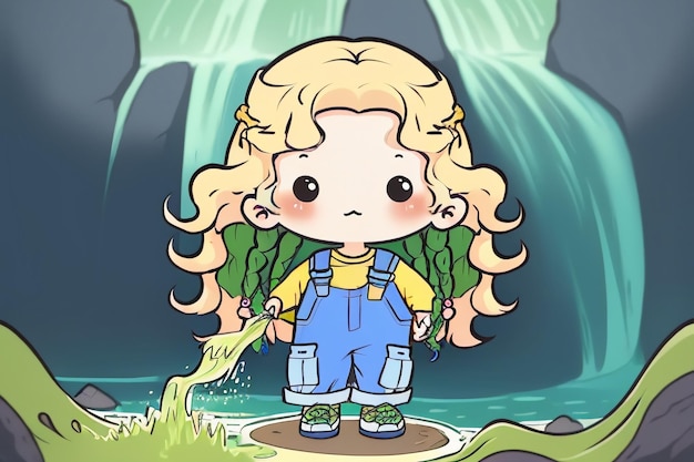 Cartoon anime lang haar grote ogen meisje in overalls eenvoudige achtergrond behang illustratie