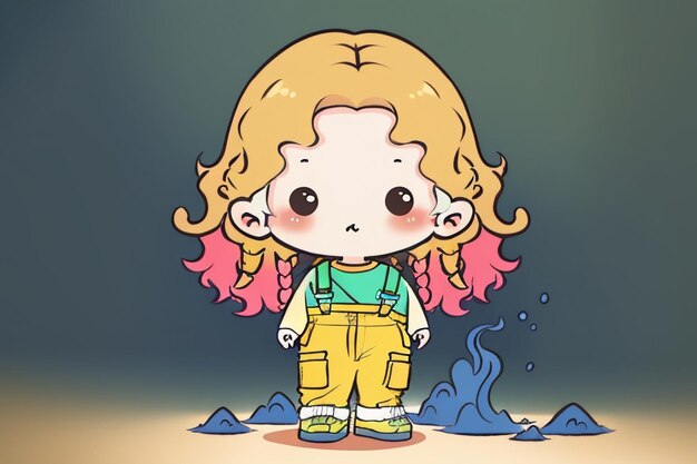 Cartoon anime lang haar grote ogen meisje in overalls eenvoudige achtergrond behang illustratie