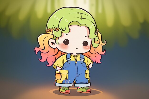 Photo cartoon anime long hair big eyes girl wearing overalls simple background wallpaper illustration