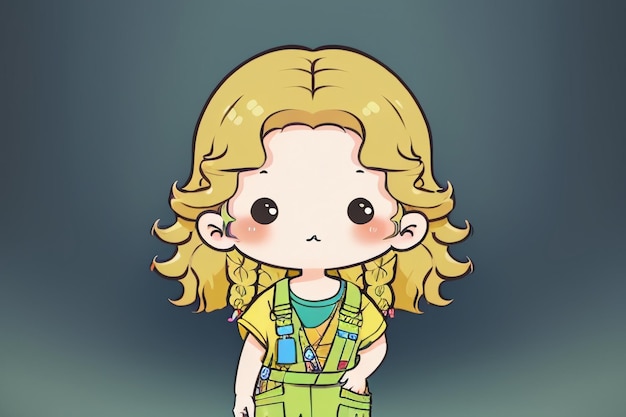 Cartoon anime long hair big eyes girl wearing overalls simple background wallpaper illustration
