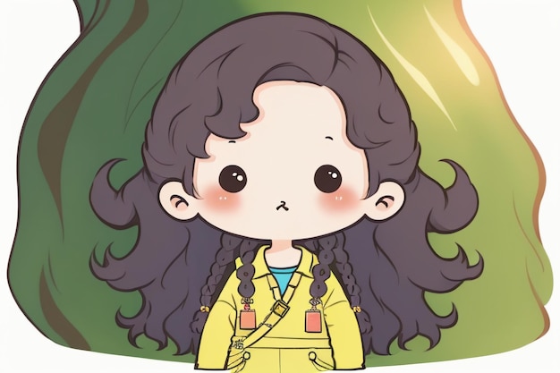 Мультфильмное аниме длинные волосы большие глаза девушка в комбинезоне простой фон обои иллюстрация