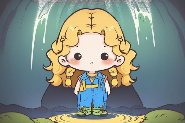 Cartoon anime long hair big eyes girl wearing overalls simple background wallpaper illustration