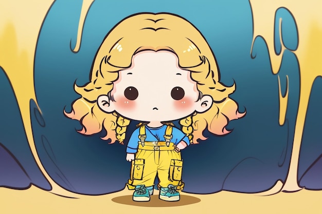 Cartoon anime long hair big eyes girl wearing overalls simple background wallpaper illustration