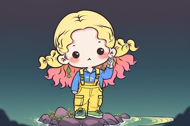 Cartoon anime long hair big eyes girl wearing overalls simple background wallpaper illustration