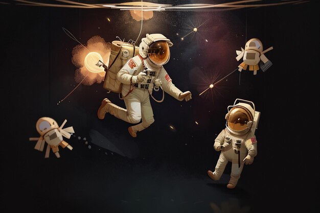 Photo cartoon anime space traveling astronaut floating without gravity wallpaper background illustration