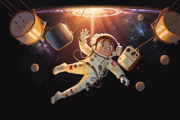 Cartoon Anime Space Traveling Astronaut Floating Without Gravity Wallpaper Background Illustration