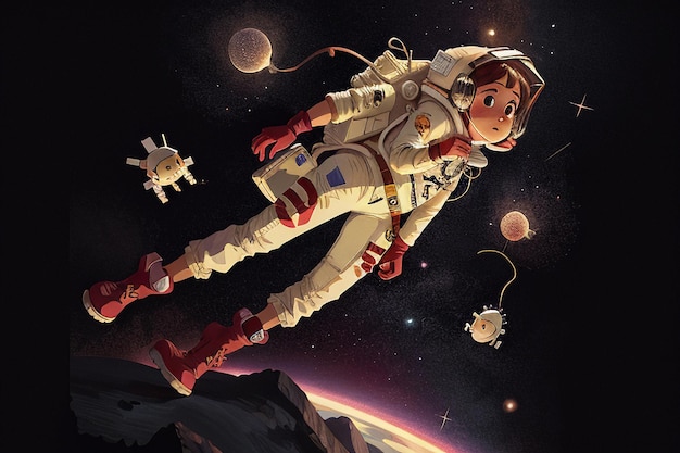 Cartoon Anime Space Traveling Astronaut Floating Without Gravity Wallpaper Background Illustration