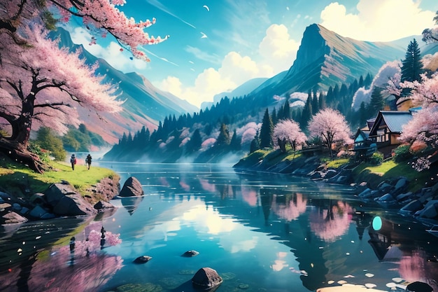 Cartoon anime stijl dorp rivier berg boom natuur landschap behang illustratie achtergrond