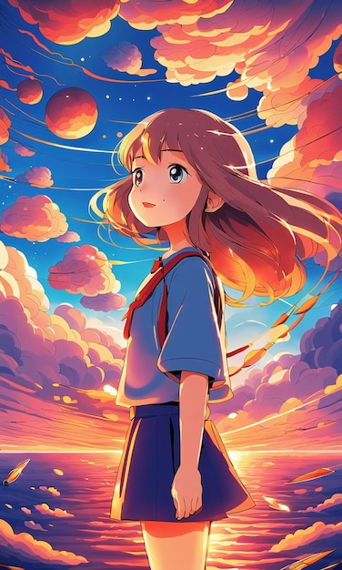 Foto cartoon anime stijl meisje op rode kleurrijke wolken achtergrond wallpaper hd illustratie