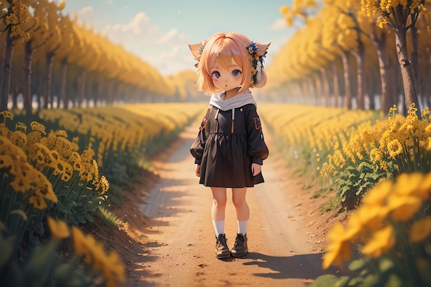 Cartoon anime stijl mooi jong meisje in het midden van het pad vol gele bloemen