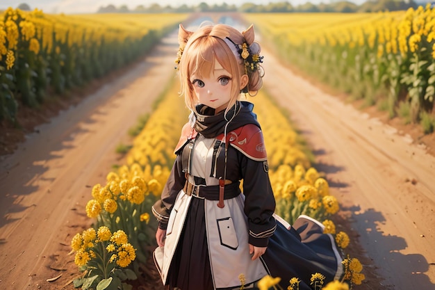 Cartoon anime stijl mooi jong meisje in het midden van het pad vol gele bloemen