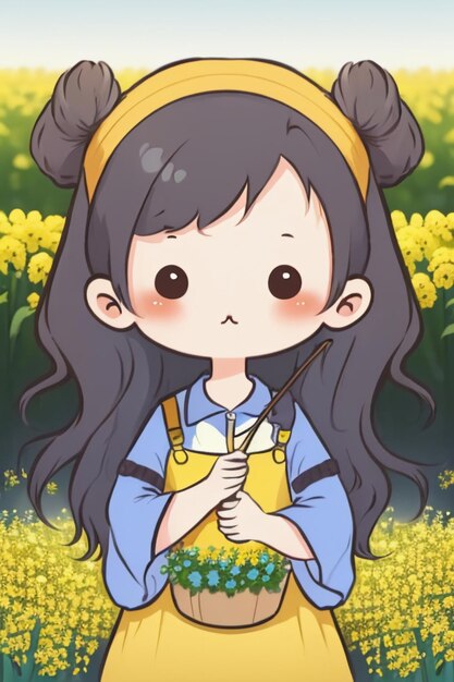 Cartoon anime stijl vrij jong meisje in gele bloemen van stok figuur wallpaper achtergrond
