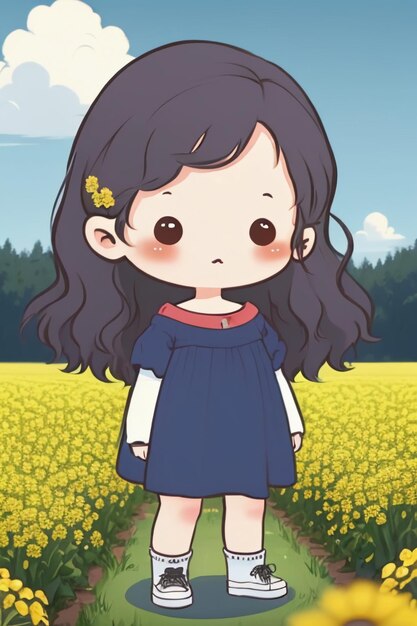 Cartoon anime stijl vrij jong meisje in gele bloemen van stok figuur wallpaper achtergrond