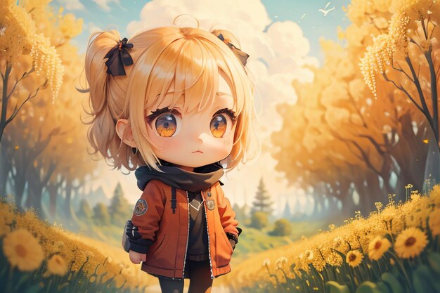 Cartoon anime style beautiful young girl in the middle of path full of yellow flowers