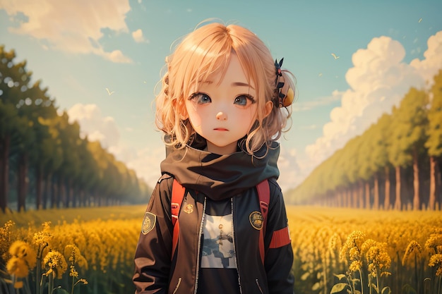 Красивая молодая девушка в стиле мультфильма в середине тропы, полной желтых цветов.