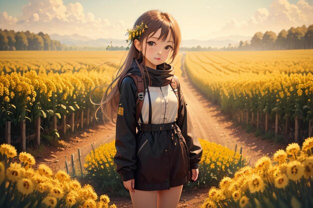 Cartoon anime style beautiful young girl in the middle of path full of yellow flowers