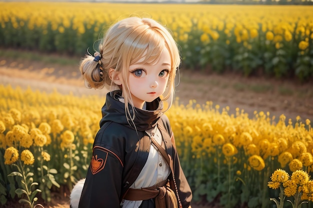 Cartoon anime style beautiful young girl in the middle of path full of yellow flowers