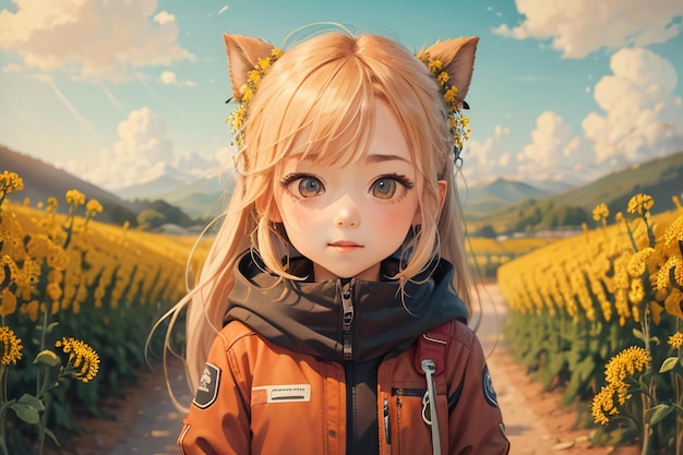 Cartoon anime style beautiful young girl in the middle of path full of yellow flowers