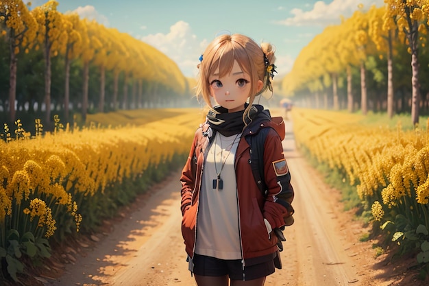 Cartoon anime style beautiful young girl in the middle of path full of yellow flowers