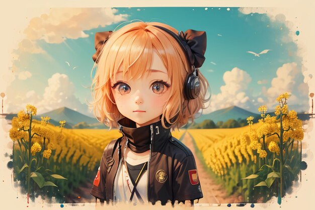 Cartoon anime style beautiful young girl in the middle of path full of yellow flowers