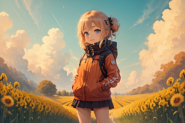 Cartoon anime style beautiful young girl in the middle of path full of yellow flowers