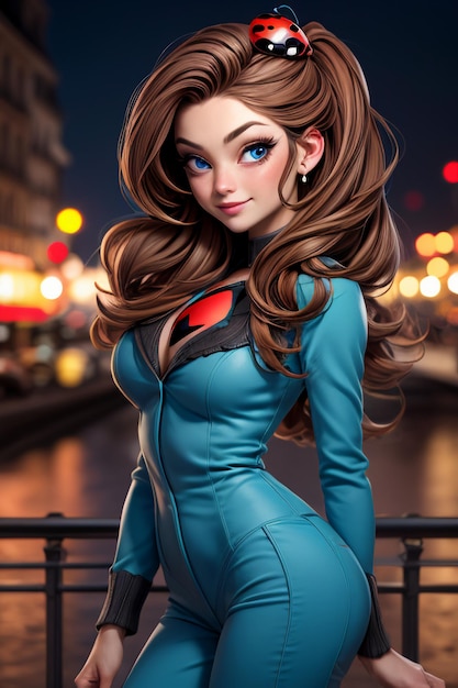 Cartoon anime style beautiful young woman wearing colorful clothes superwoman costume