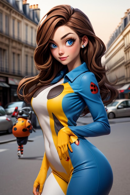Cartoon anime style beautiful young woman wearing colorful clothes superwoman costume