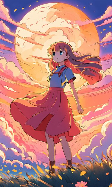 写真 赤いカラフルな雲の背景の壁紙のhdイラストに漫画アニメスタイルの女の子