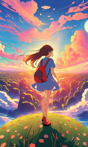 Cartoon anime style girl on red colorful clouds background wallpaper HD illustration