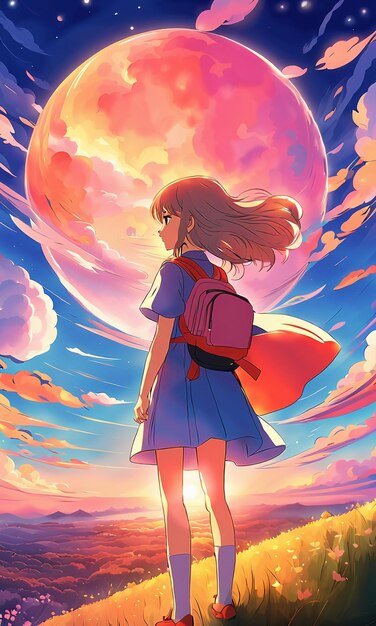 Cartoon anime style girl on red colorful clouds background wallpaper HD illustration