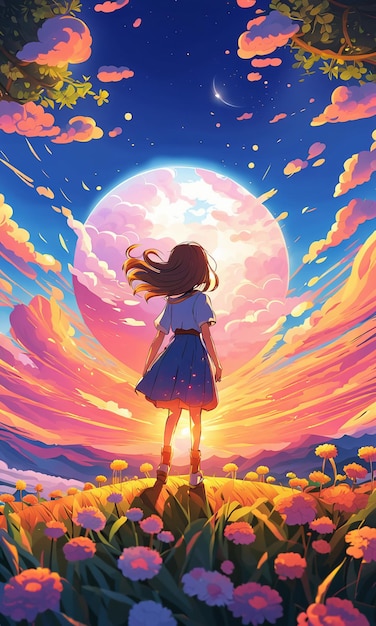 Cartoon anime style girl on red colorful clouds background wallpaper hd illustration