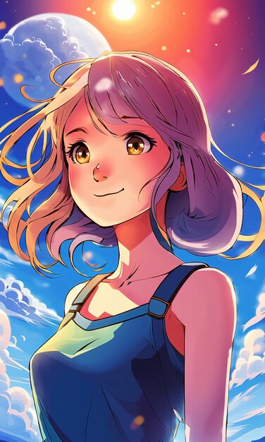 Cartoon anime style girl on red colorful clouds background wallpaper HD illustration