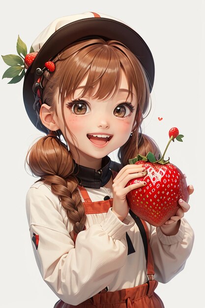 Cartoon anime style hand drawn drawing beautiful young girl holding a strawberry
