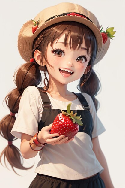 Photo cartoon anime style hand drawn drawing beautiful young girl holding a strawberry