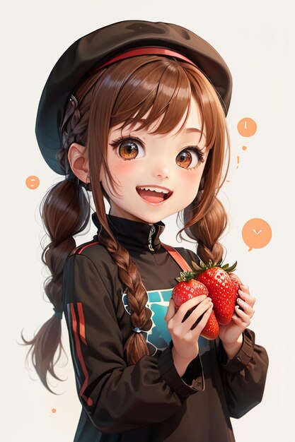 Photo cartoon anime style hand drawn drawing beautiful young girl holding a strawberry