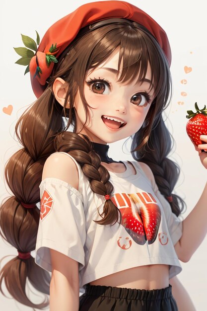 Cartoon anime style hand drawn drawing beautiful young girl holding a strawberry