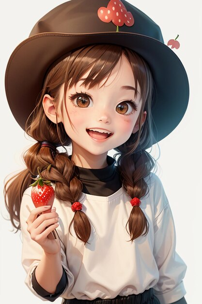 Photo cartoon anime style hand drawn drawing beautiful young girl holding a strawberry